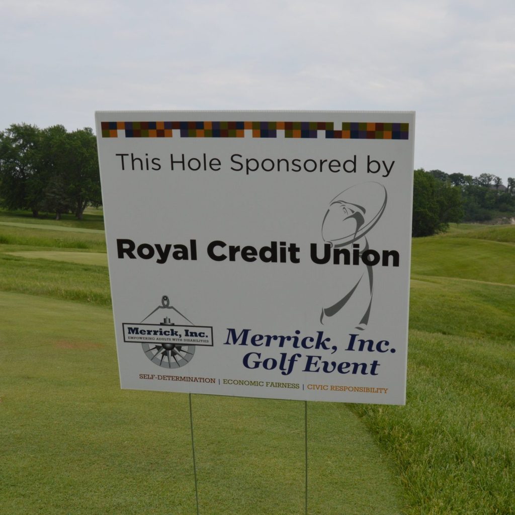 Roy Credit Union hole sign on golf course